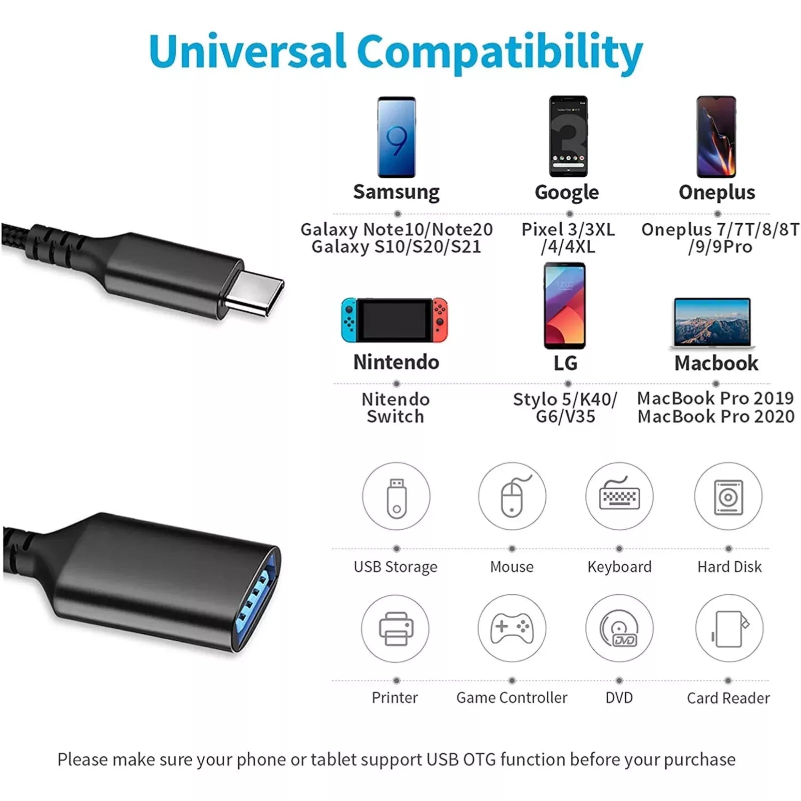 USB C Male OTG A Female, Type C to USB Data Connector Converter Cable Adapter